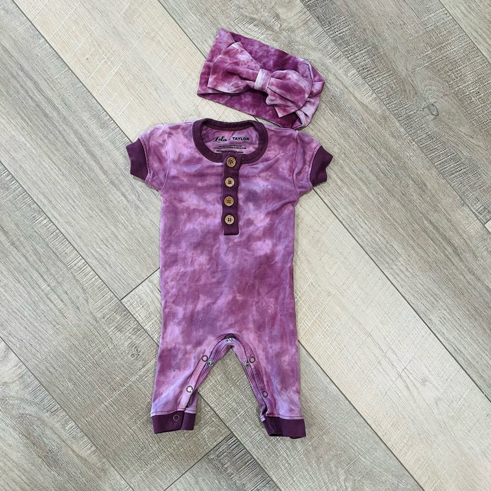 Boutique Purple Tie-Dye Baby Romper with Headband